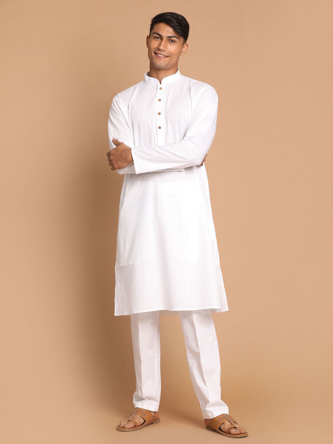 Vastramay mens white cotton kurta with white cotton pant style pyjama set 1