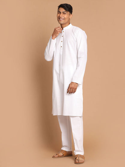 Vastramay mens white cotton kurta with white cotton pant style pyjama set 1