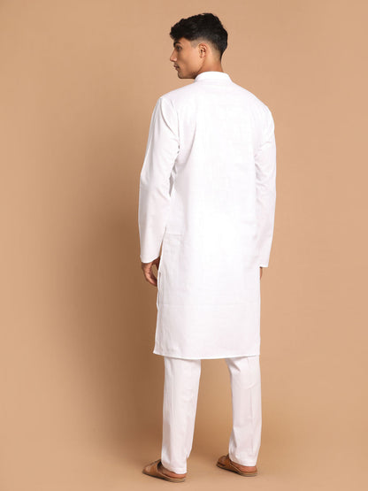 Vastramay mens white cotton kurta with white cotton pant style pyjama set 1