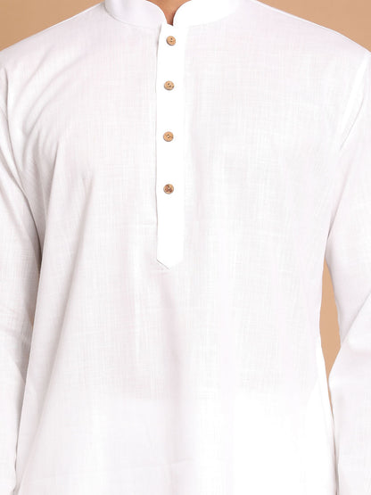 Vastramay mens white cotton kurta with white cotton pant style pyjama set 1