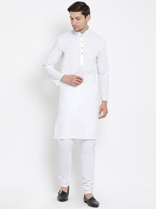 Vastramay Men's White Cotton Kurta and Churidar Set