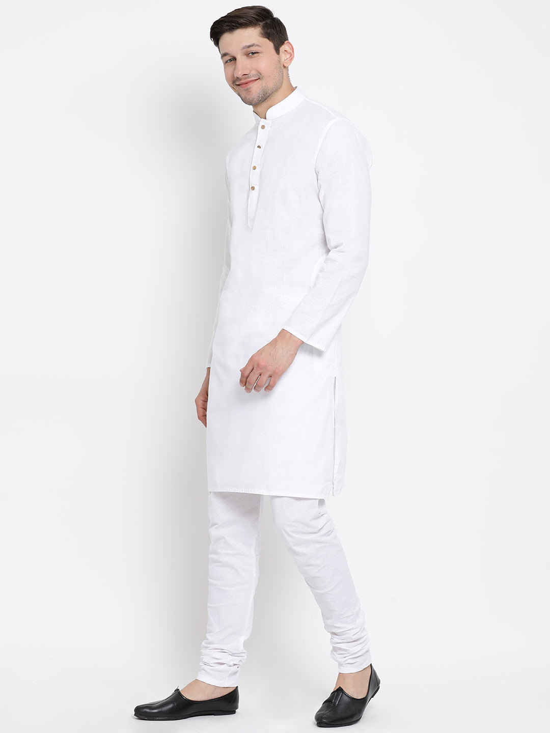 Vastramay Men's White Cotton Kurta and Churidar Set