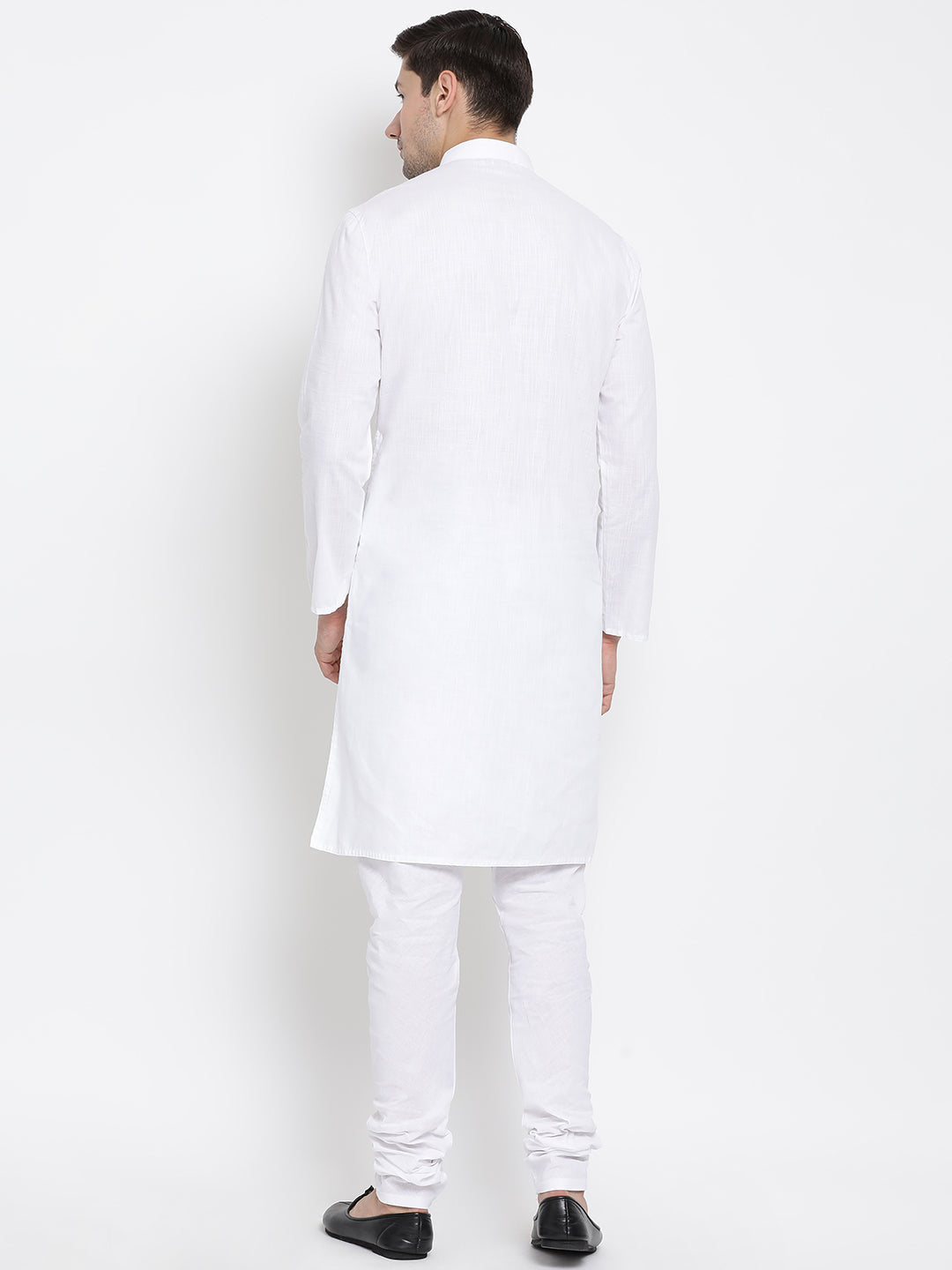 Vastramay Men's White Cotton Kurta and Churidar Set