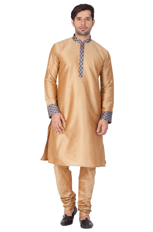 Vastramay Men's Gold Cotton Silk Blend Kurta and Pyjama Set