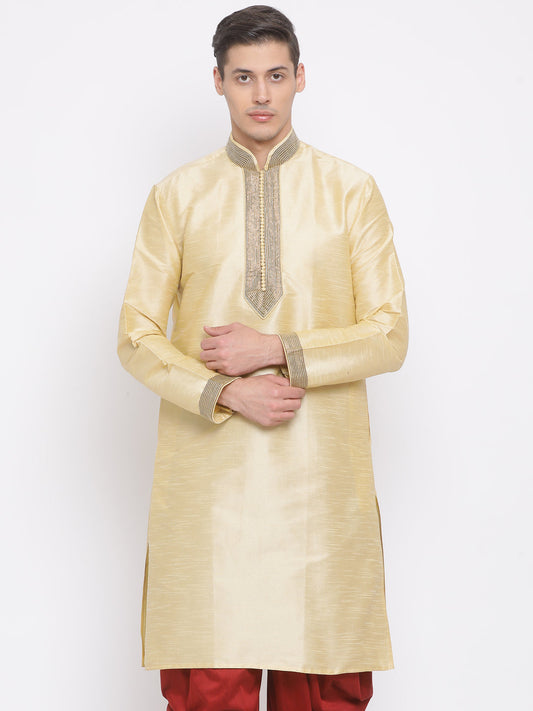 Vastramay Men's Gold Cotton Silk Blend Kurta