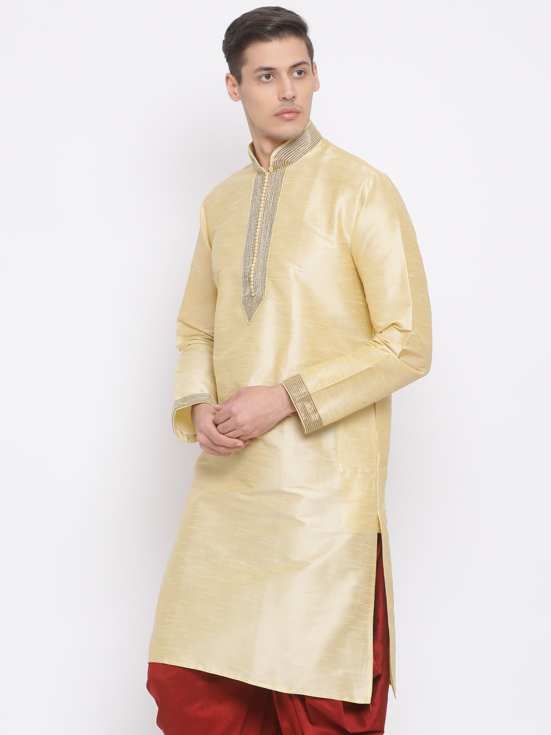 Vastramay Men's Gold Cotton Silk Blend Kurta