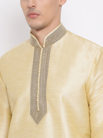 Vastramay Men's Gold Cotton Silk Blend Kurta