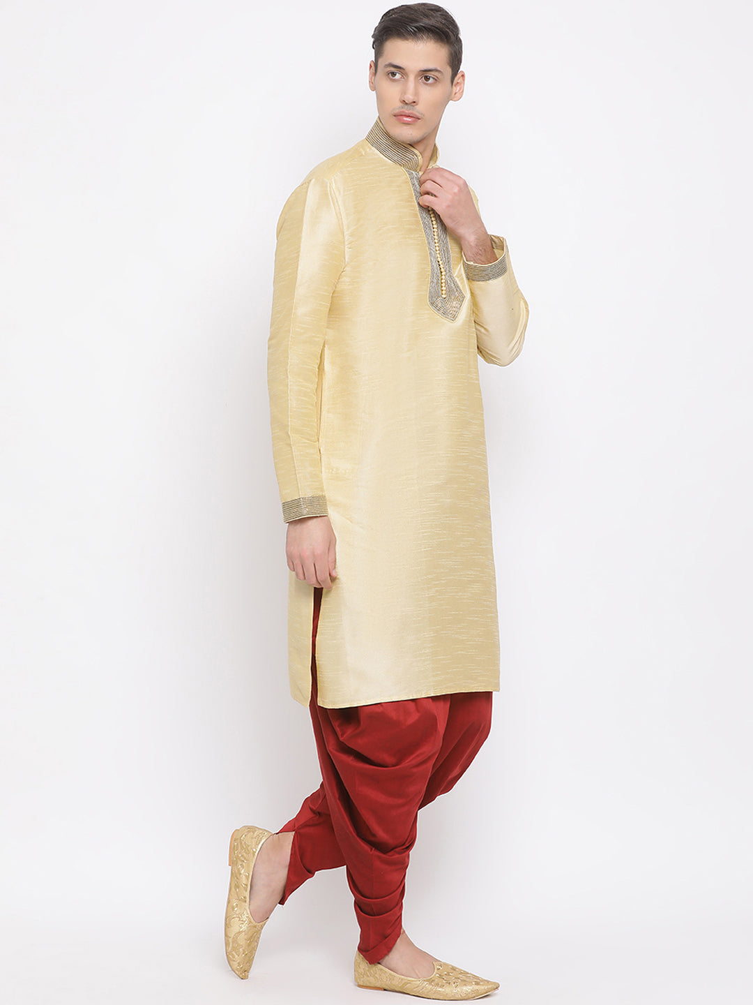 Vastramay Men's Gold Cotton Silk Blend Kurta