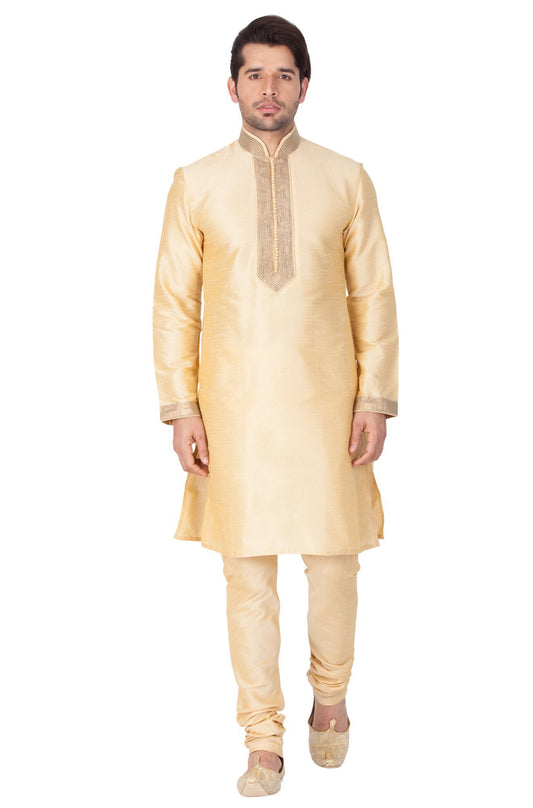 Vastramay Men's Gold Cotton Silk Blend Kurta and Pyjama Set