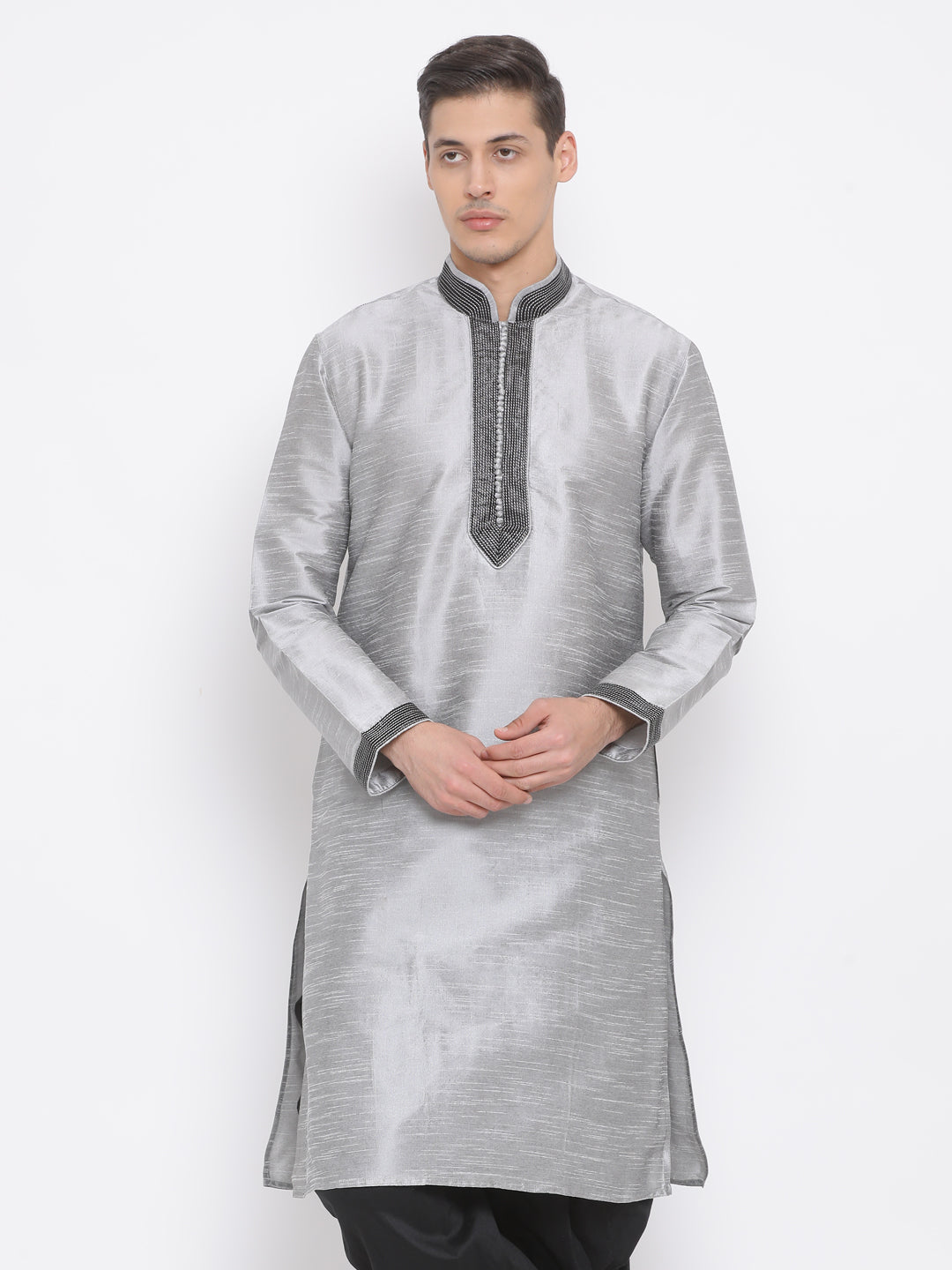 Vastramay Men's Grey Cotton Silk Blend Kurta