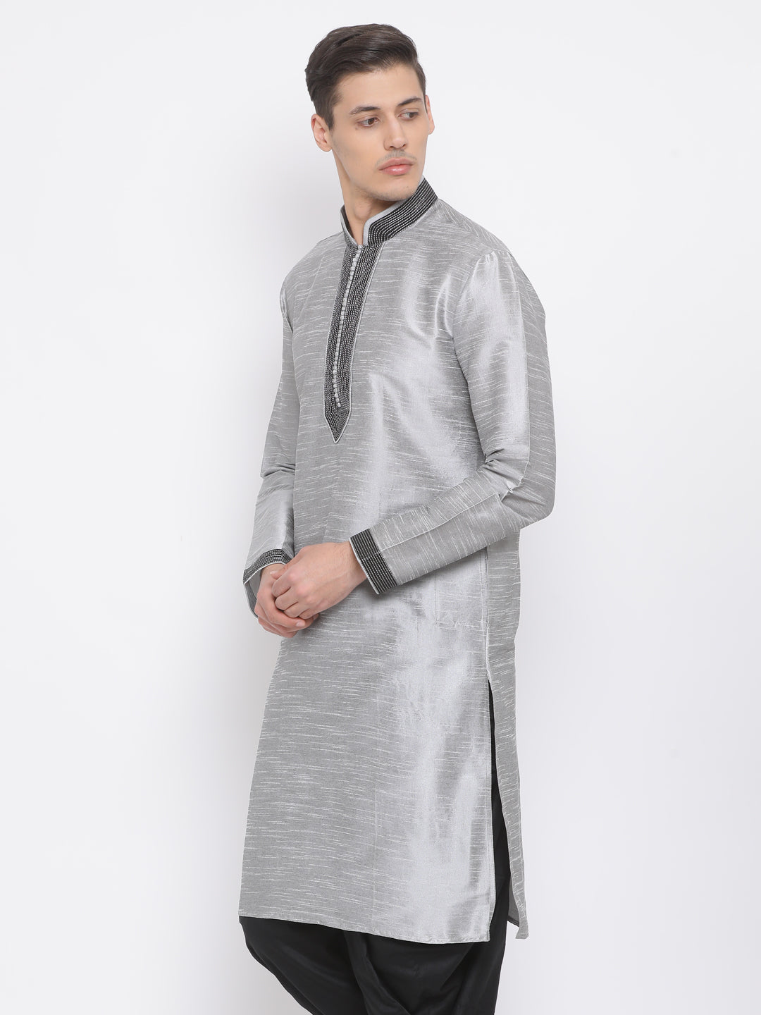 Vastramay Men's Grey Cotton Silk Blend Kurta