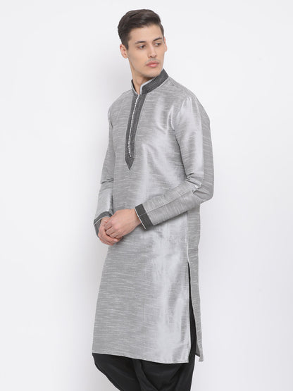 Vastramay Men's Grey Cotton Silk Blend Kurta