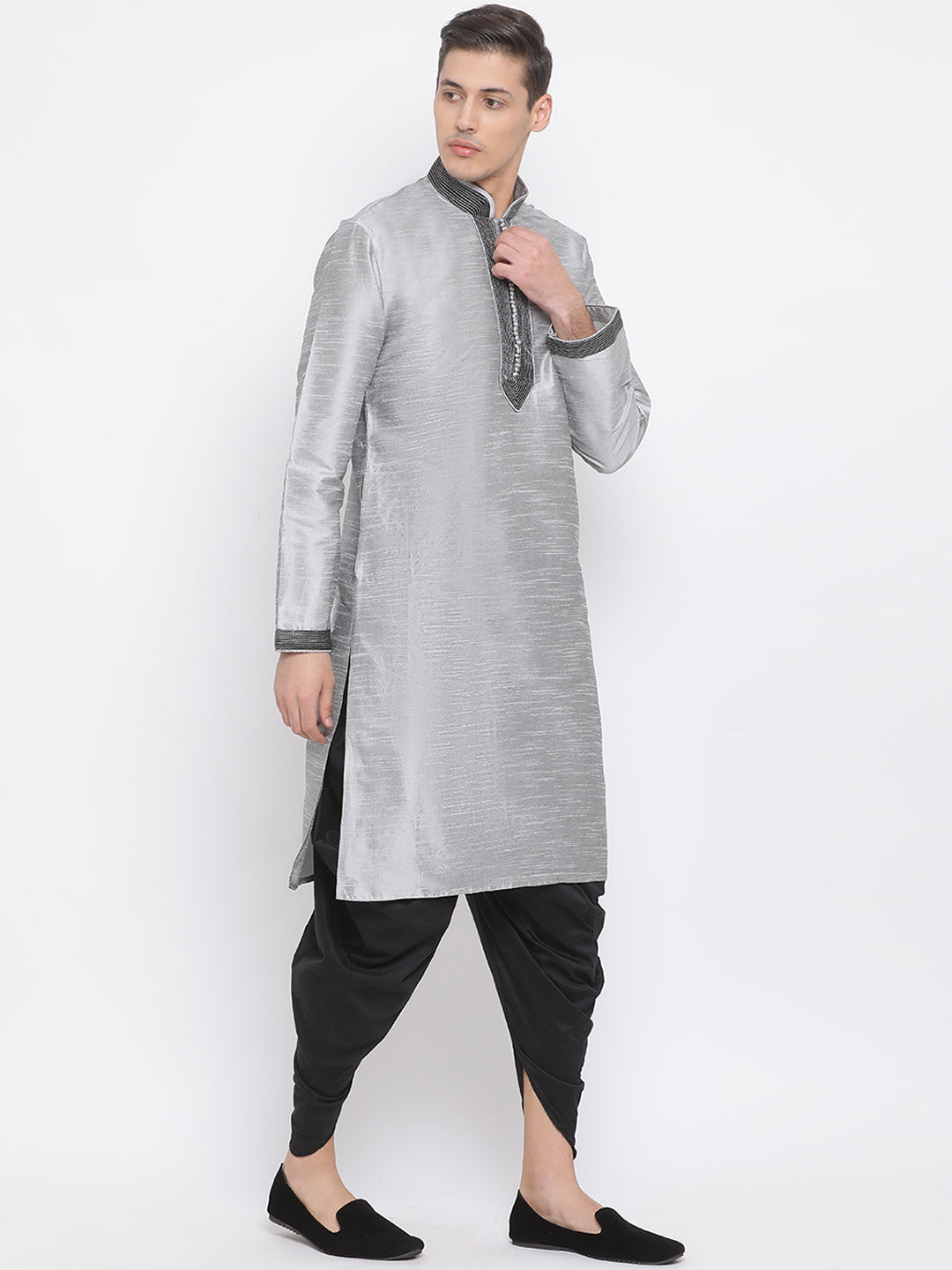 Vastramay Men's Grey Cotton Silk Blend Kurta