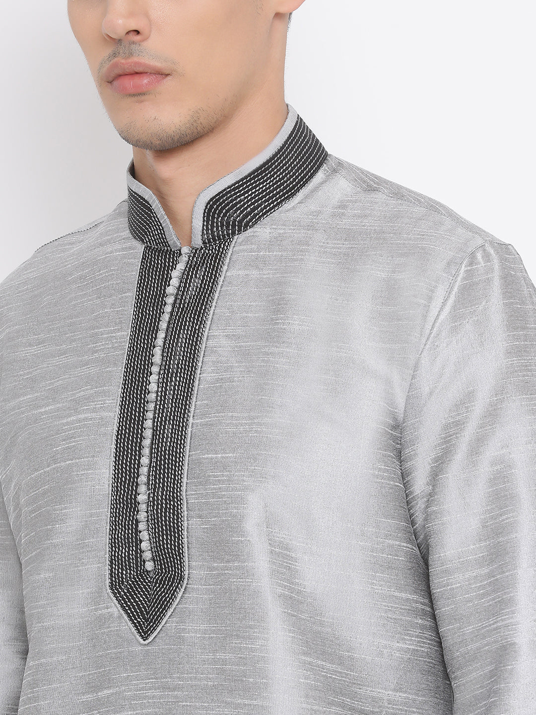 Vastramay Men's Grey Cotton Silk Blend Kurta