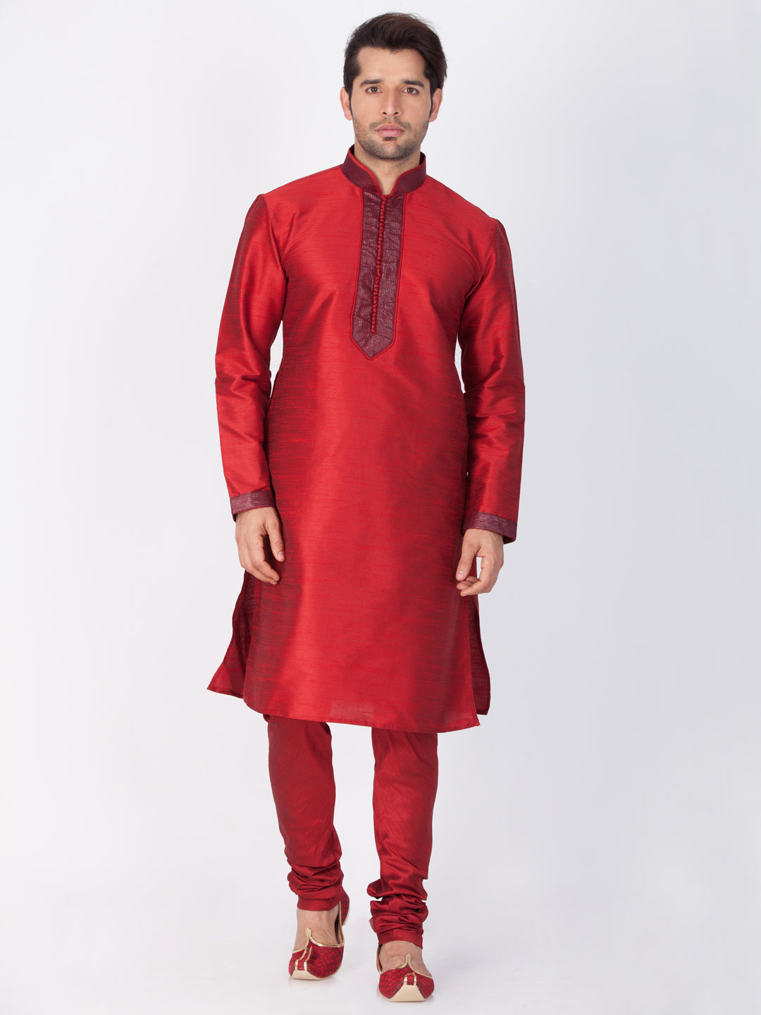 Vastramay Men's Maroon Cotton Silk Blend Kurta