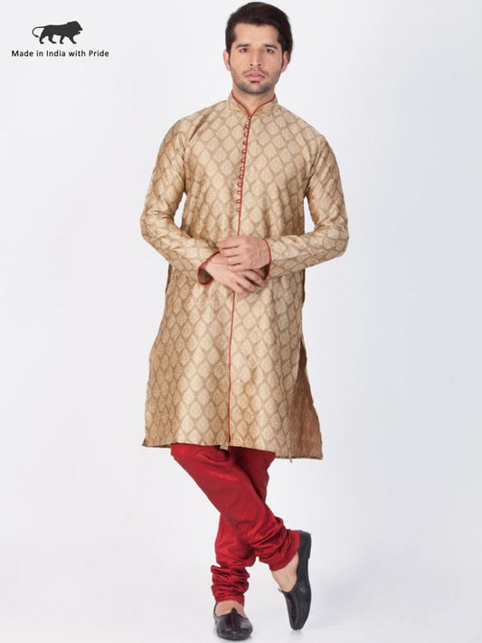 Vastramay Men's Beige Cotton Silk Blend Kurta and Pyjama Set