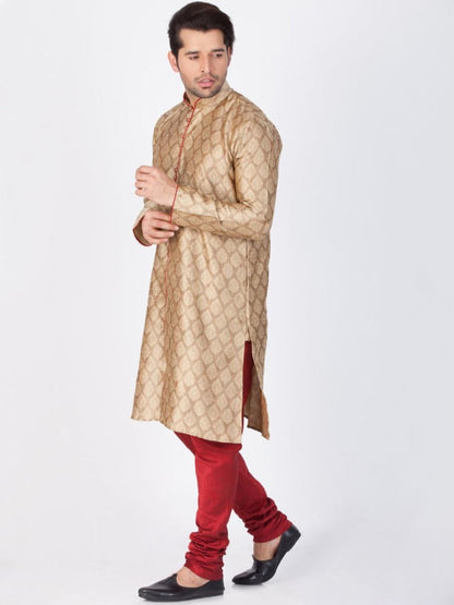 Vastramay Men's Beige Cotton Silk Blend Kurta and Pyjama Set
