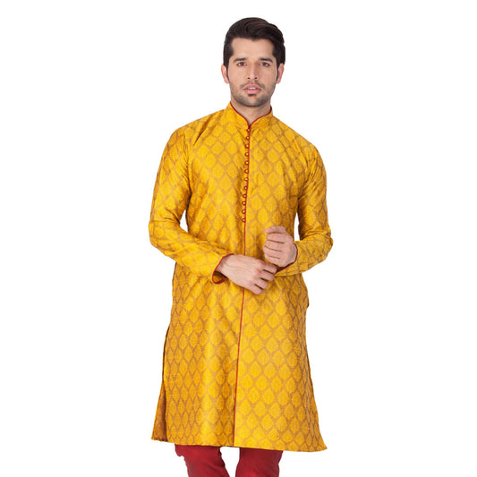 VASTRAMAY Men's Yellow Cotton Silk Blend Kurta