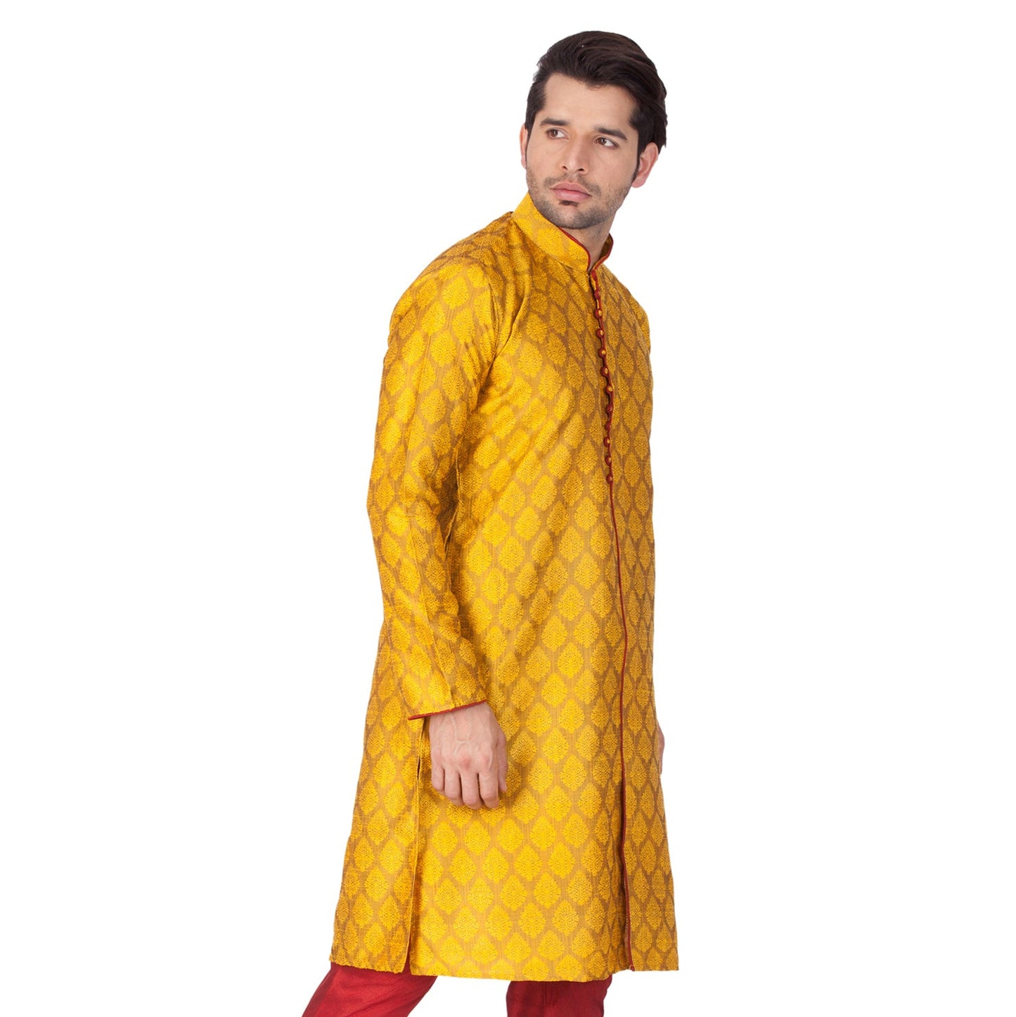 VASTRAMAY Men's Yellow Cotton Silk Blend Kurta