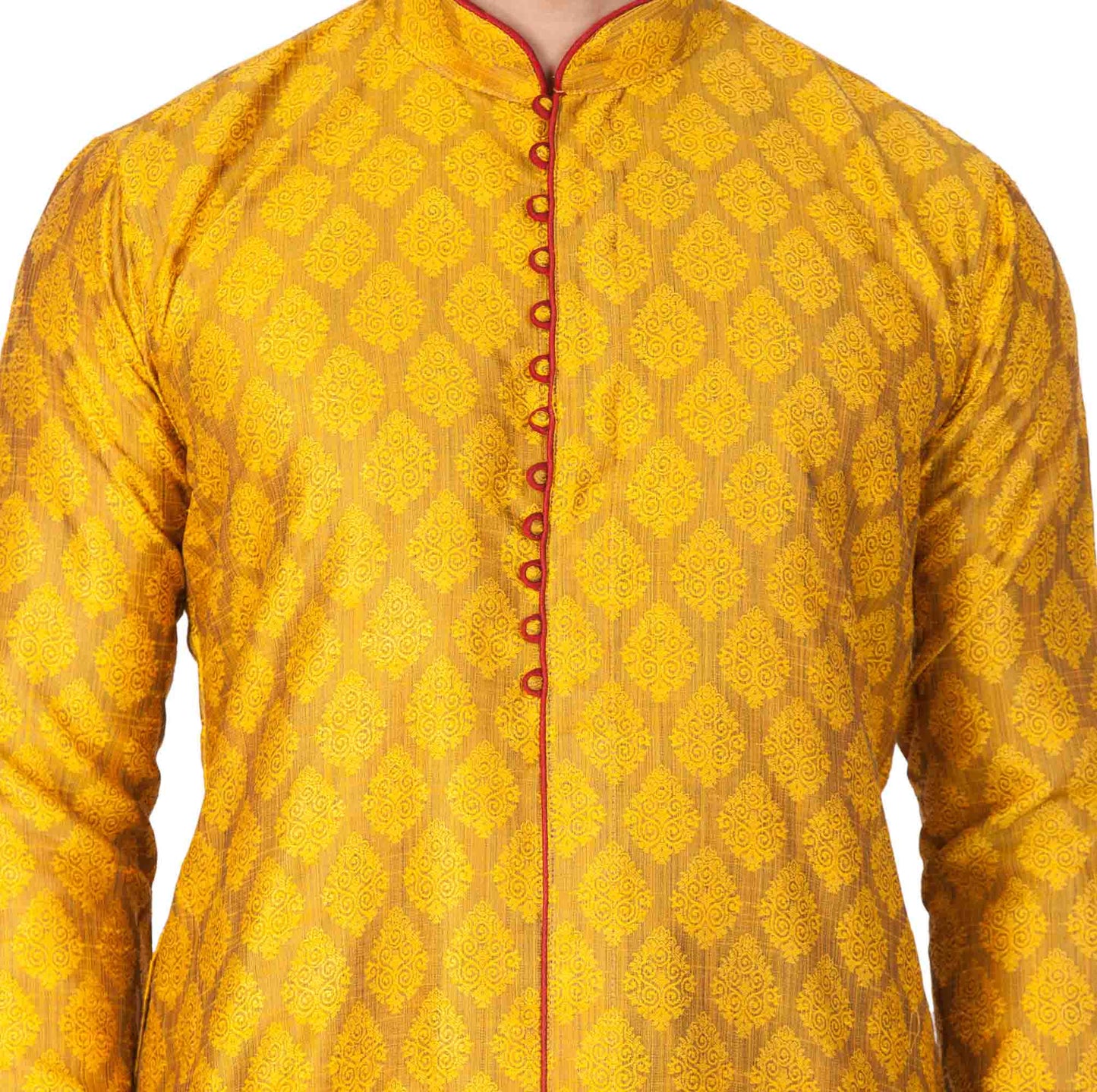 VASTRAMAY Men's Yellow Cotton Silk Blend Kurta