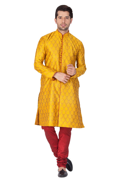 VASTRAMAY Men's Yellow Cotton Silk Blend Kurta