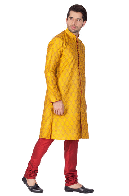 Vastramay Men's Yellow Cotton Silk Blend Kurta and Pyjama Set