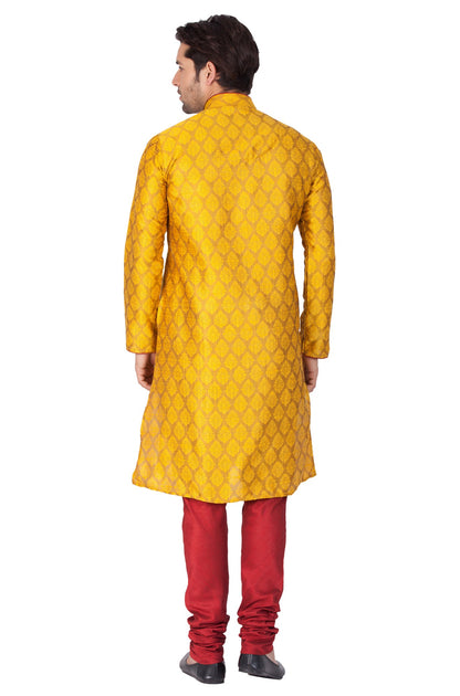 Vastramay Men's Yellow Cotton Silk Blend Kurta and Pyjama Set