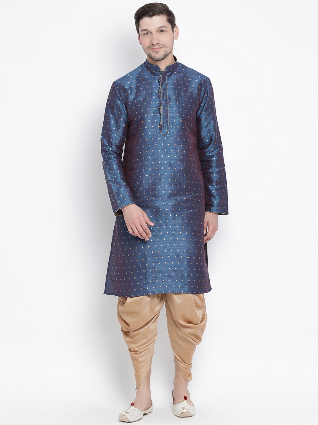 Vastramay Vastramay Men's Blue Zari Weaved Kurta Dhoti Set