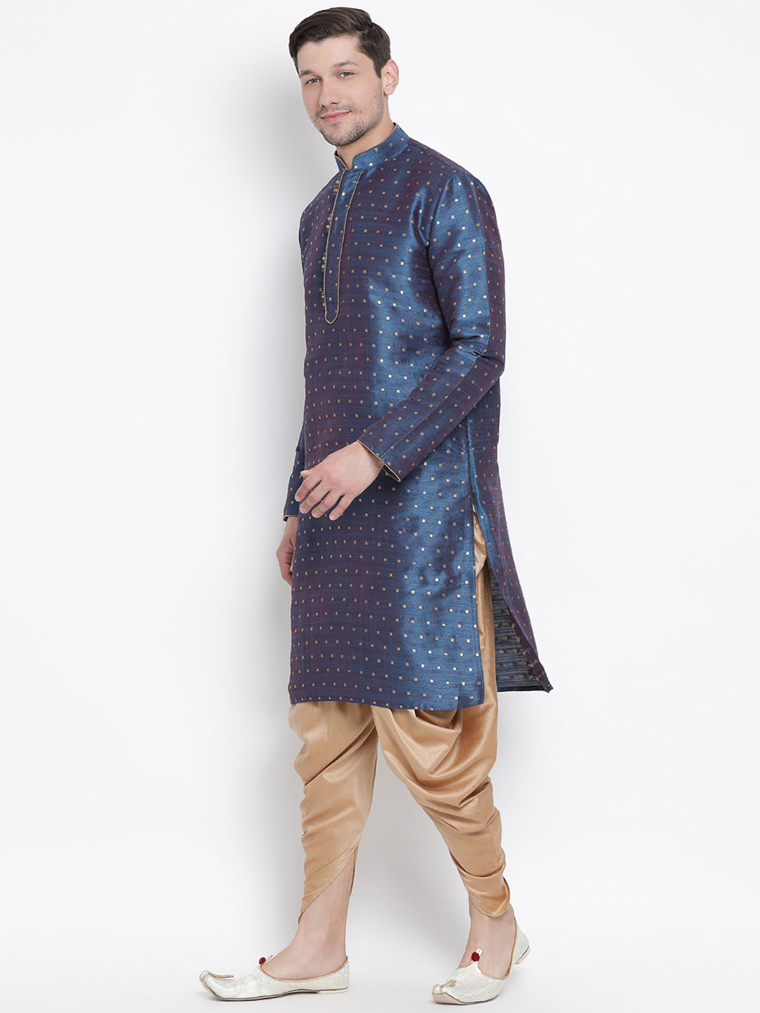 Vastramay Men's Blue Zari Weaved Kurta Dhoti Set