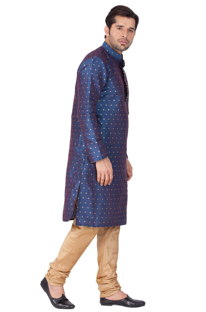 Vastramay Men's Blue Zari Weaved Kurta Pyjama Set