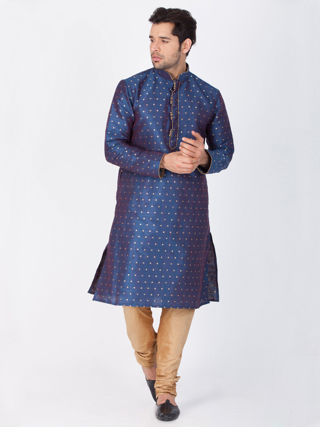 Vastramay Silk Blend Blue and Rose Gold Baap Beta Kurta Pyjama set