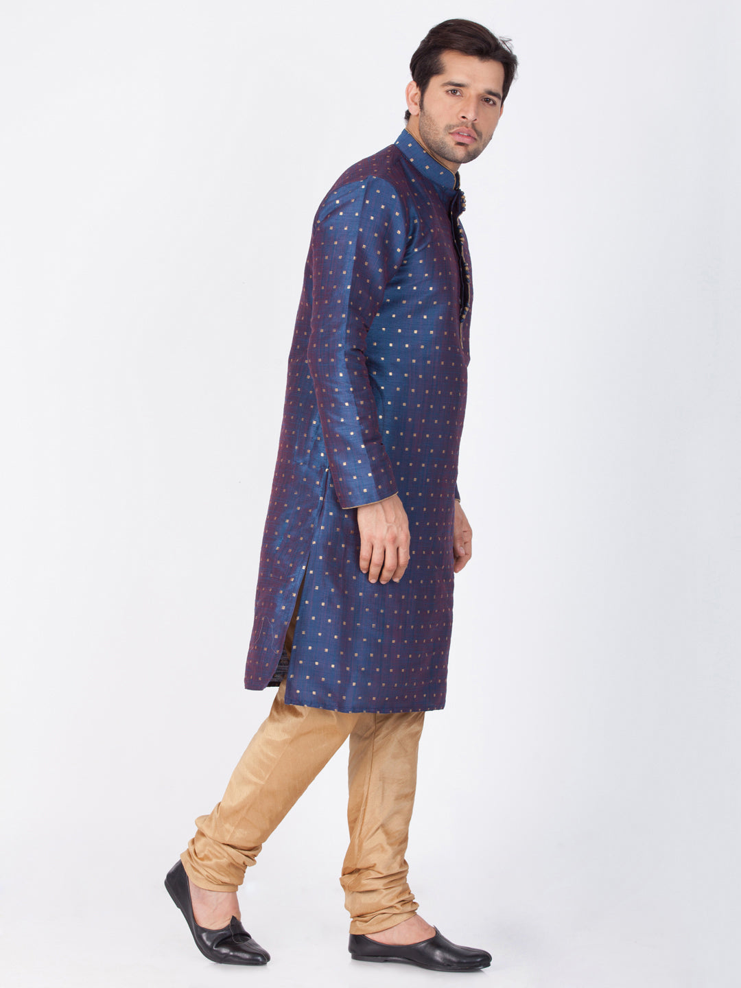 Vastramay Silk Blend Blue and Rose Gold Baap Beta Kurta Pyjama set