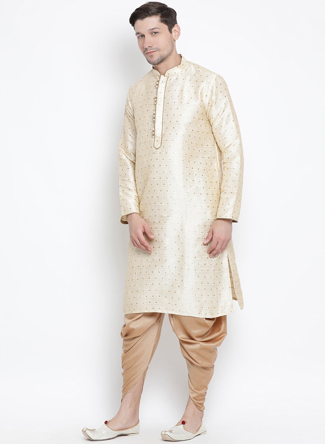 Vastramay Men's Gold Zari Weaved Kurta Dhoti Set