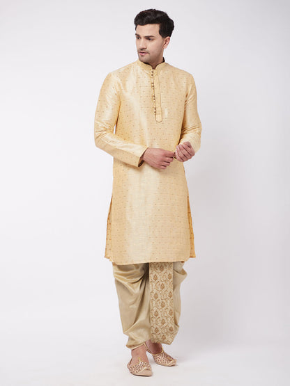 Vastramay Men's Gold Zari Weaved Kurta Dhoti Set