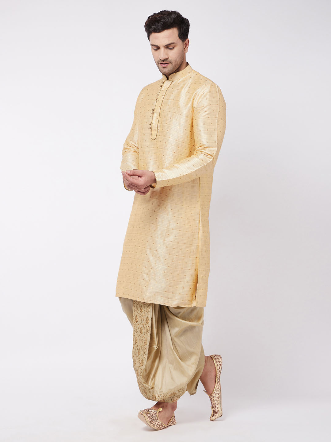 Vastramay Men's Gold Zari Weaved Kurta Dhoti Set