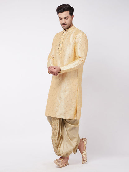 Vastramay Men's Gold Zari Weaved Kurta Dhoti Set