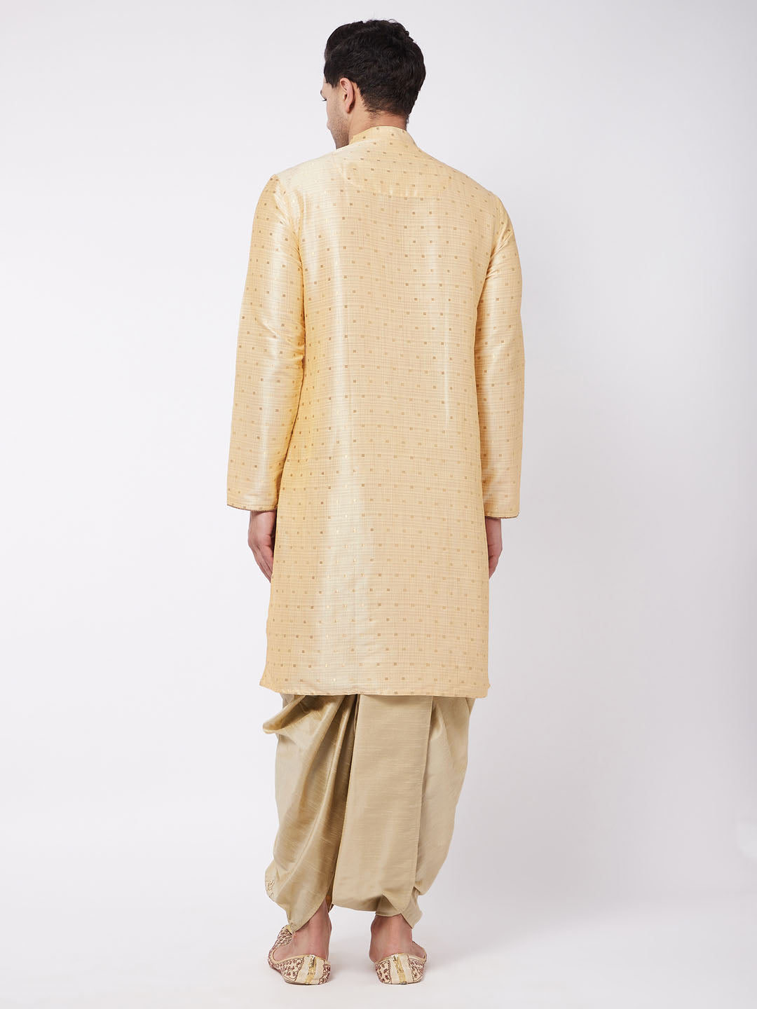 Vastramay Men's Gold Zari Weaved Kurta Dhoti Set