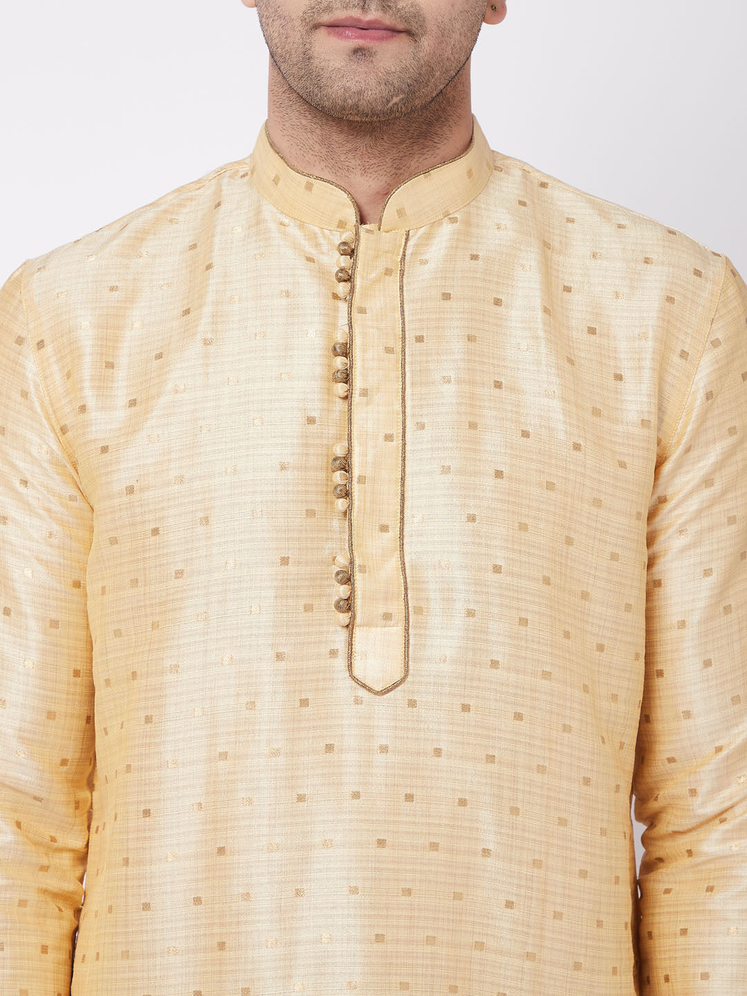 Vastramay Men's Gold Zari Weaved Kurta Dhoti Set