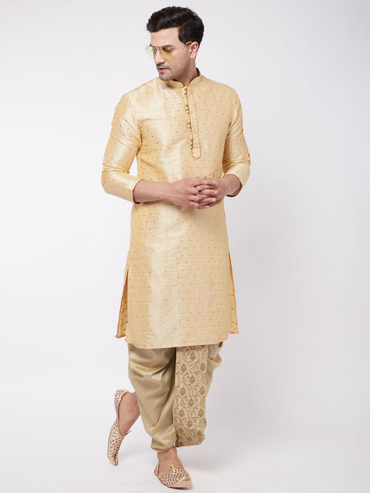 Vastramay Men's Gold Zari Weaved Kurta Dhoti Set