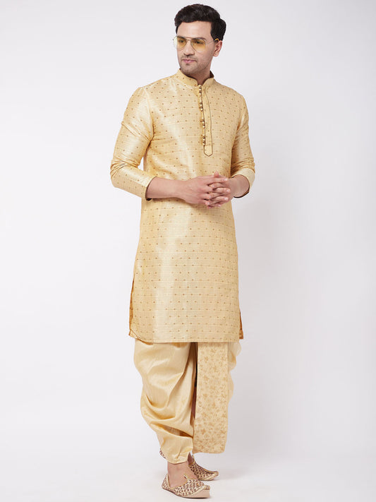 Vastramay Men's Gold  Zari Weaved Kurta Dhoti Set