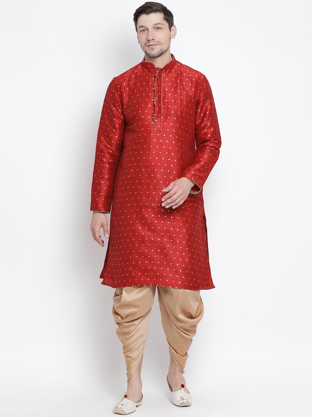 Vastramay Vastramay Men's Maroon Zari Weaved Kurta Dhoti Set