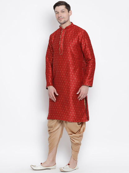 Vastramay Men's Maroon Zari Weaved Kurta Dhoti Set