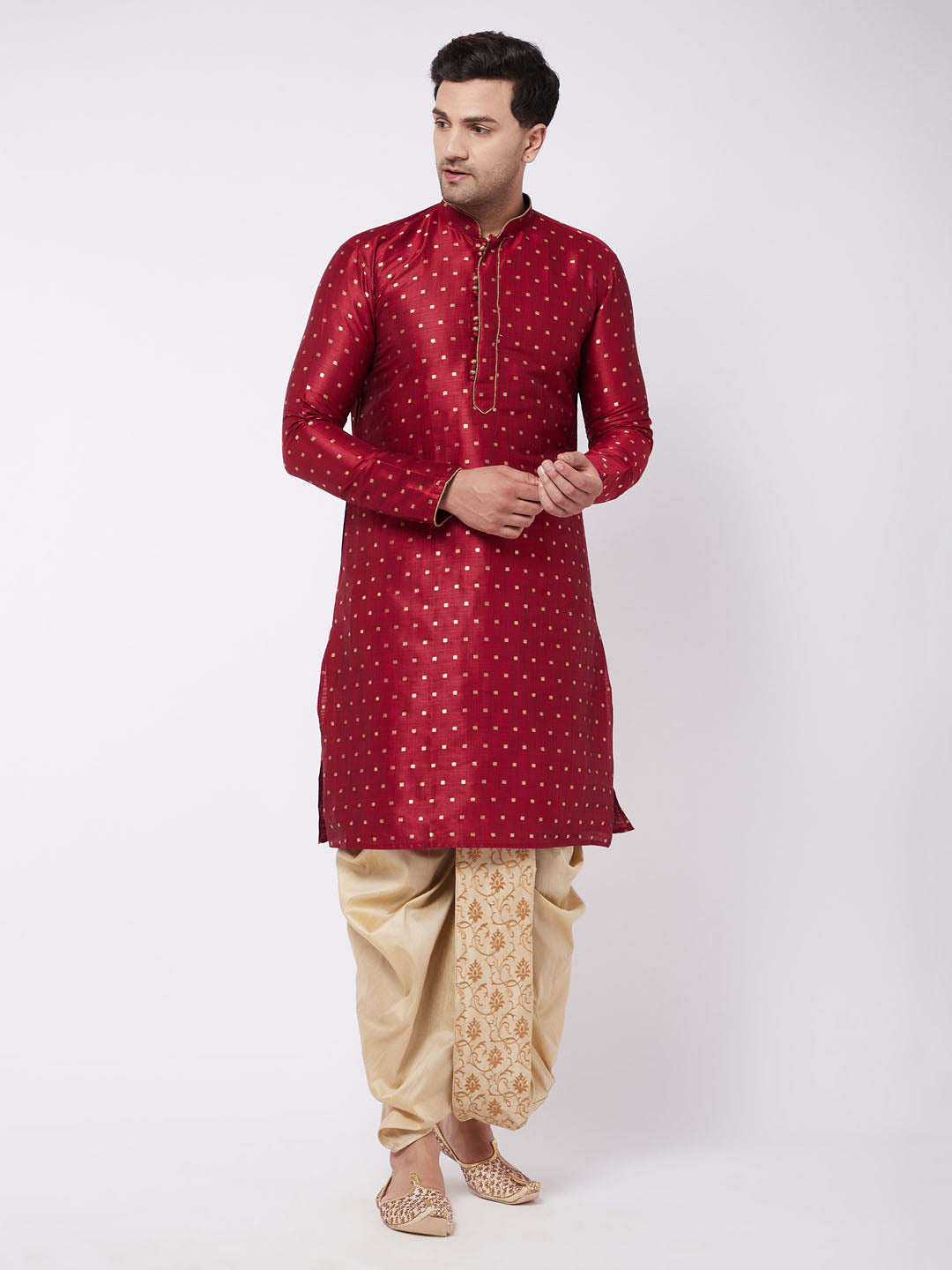 Vastramay Men's Maroon Zari Weaved Kurta Dhoti Set