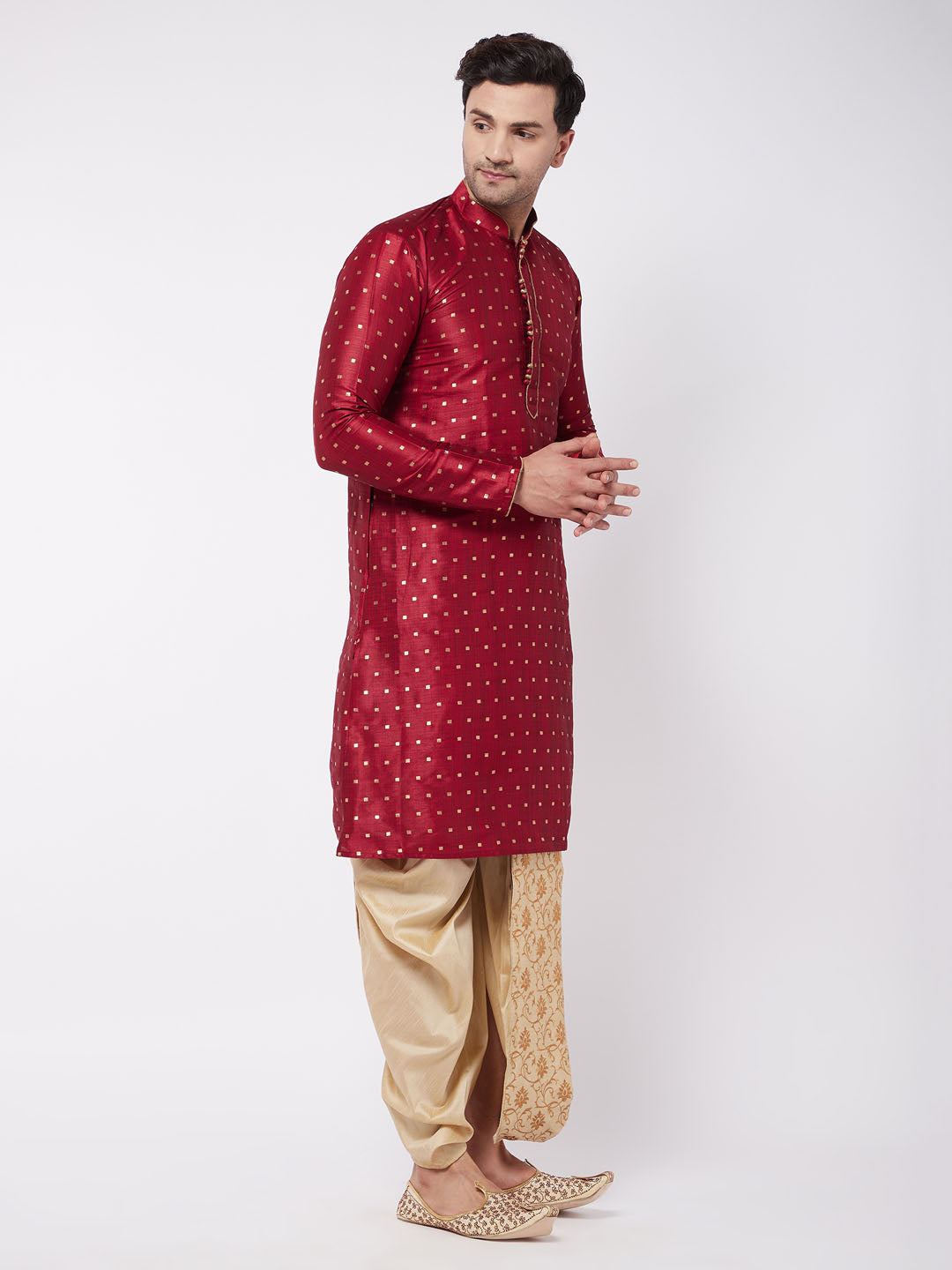 Vastramay Men's Maroon Zari Weaved Kurta Dhoti Set