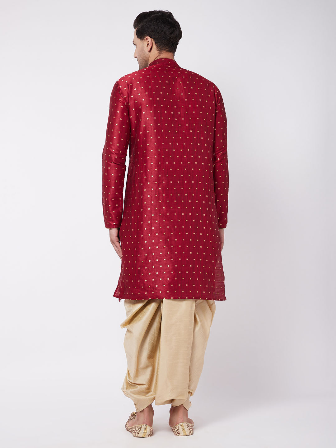 Vastramay Men's Maroon Zari Weaved Kurta Dhoti Set