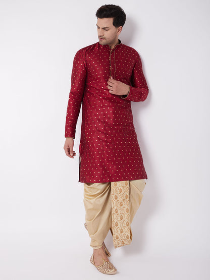 Vastramay Men's Maroon Zari Weaved Kurta Dhoti Set