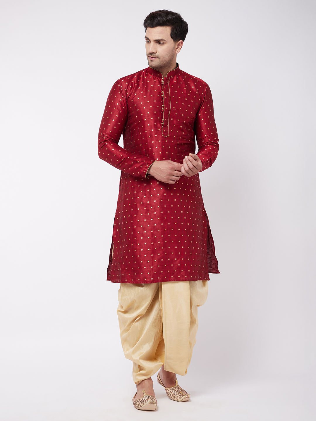 Vastramay Men's Maroon Zari Weaved Kurta Dhoti Set