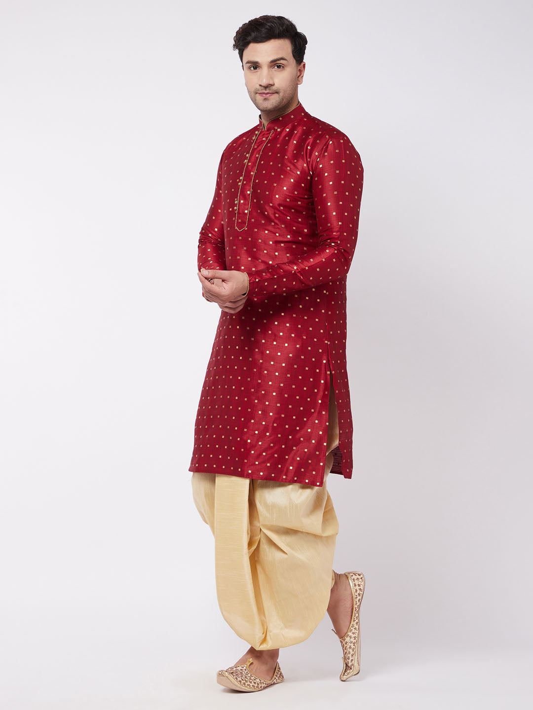 Vastramay Men's Maroon Zari Weaved Kurta Dhoti Set