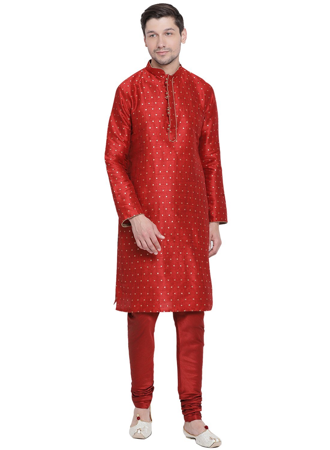 Vastramay Vastramay Men's Maroon Zari Weaved Kurta Pyjama Set