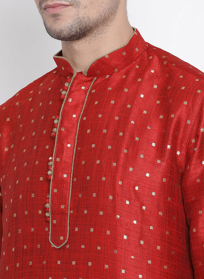 Vastramay Men's Maroon Zari Weaved Kurta Pyjama Set